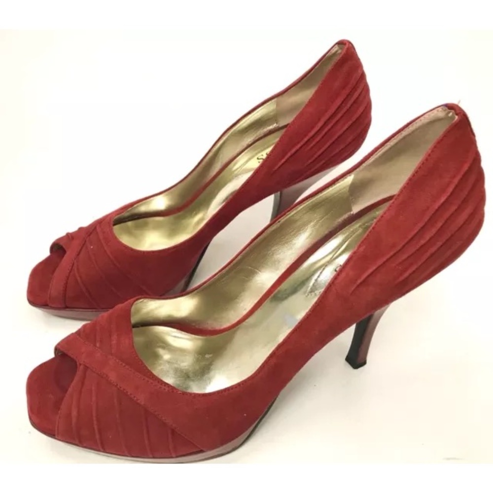 Guess red suede peep toe heels pumps 7.5